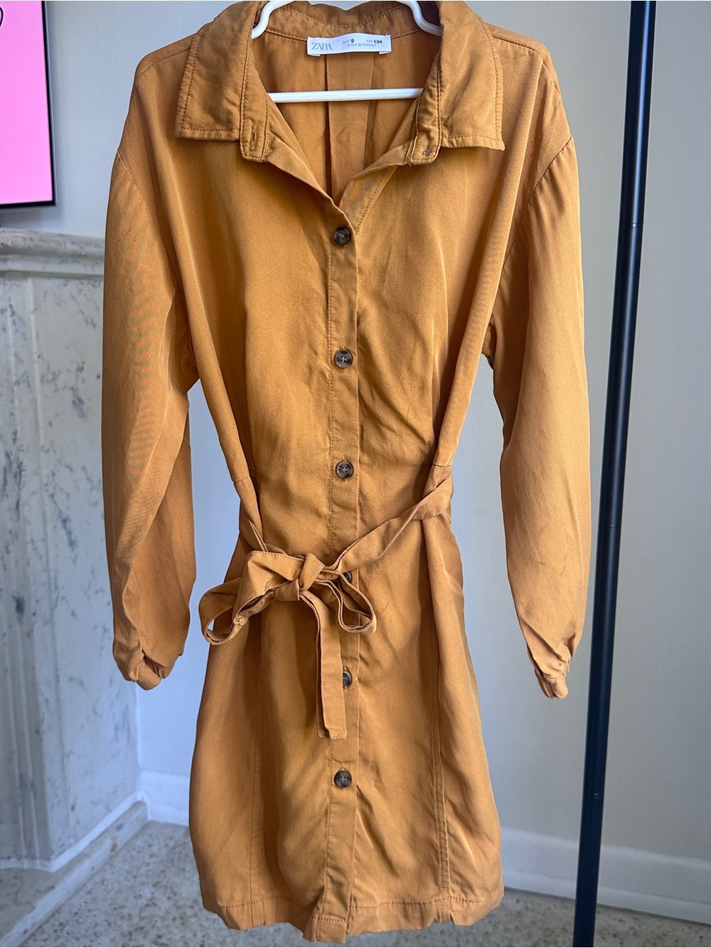 Zara Kids long sleeve shirt dress/ safari style dress, Ochre yellow, size 9
